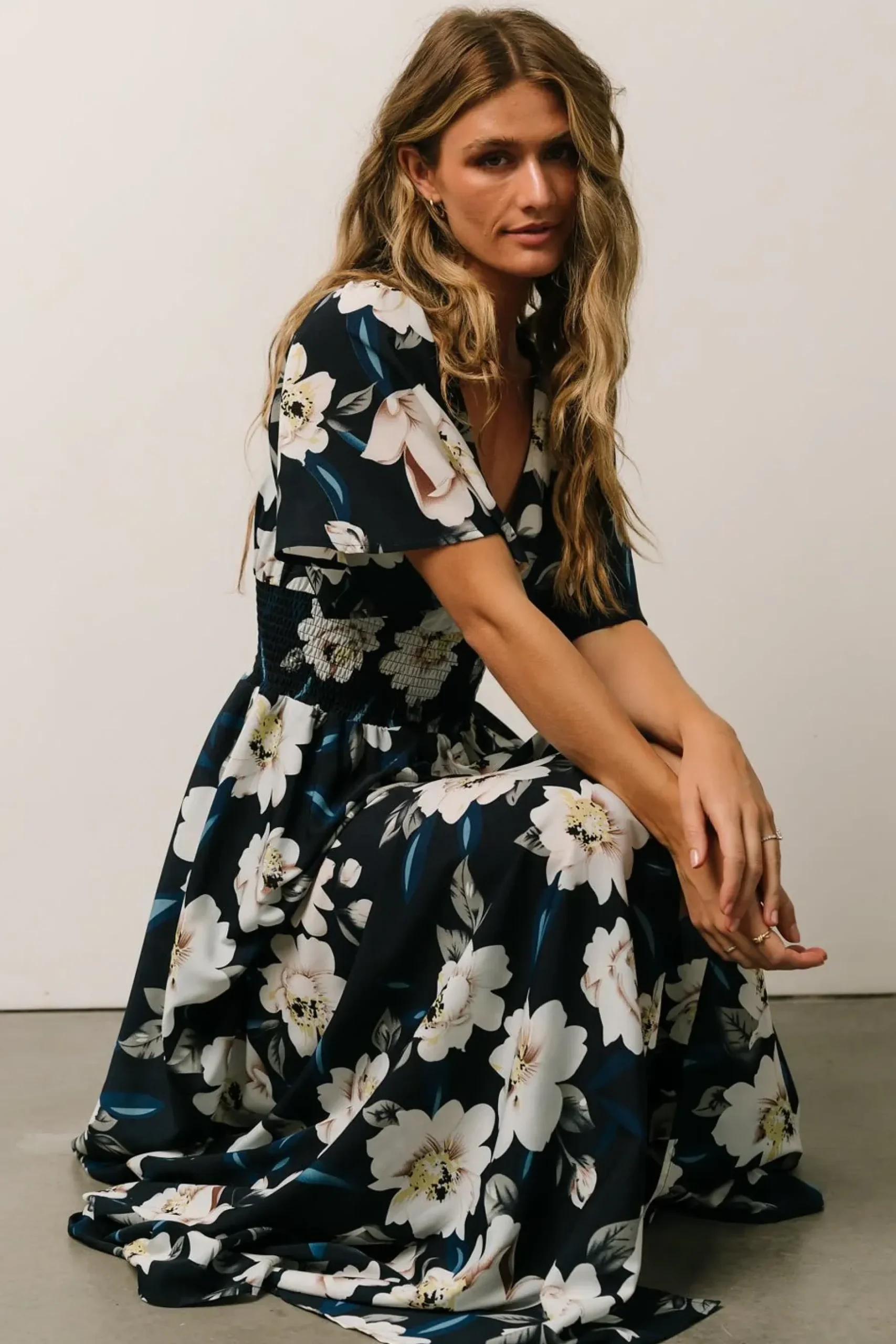 Baltic Born WINTER ESSENTIALS|Verona Smocked Maxi Dress | Navy + White Floral