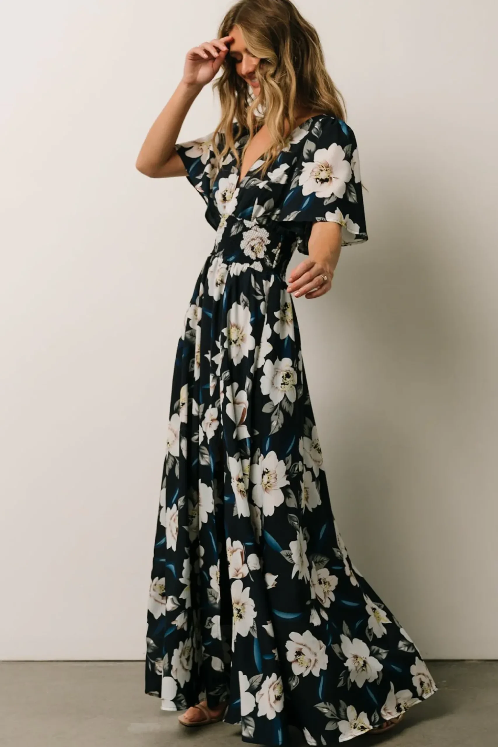 Baltic Born WINTER ESSENTIALS|Verona Smocked Maxi Dress | Navy + White Floral
