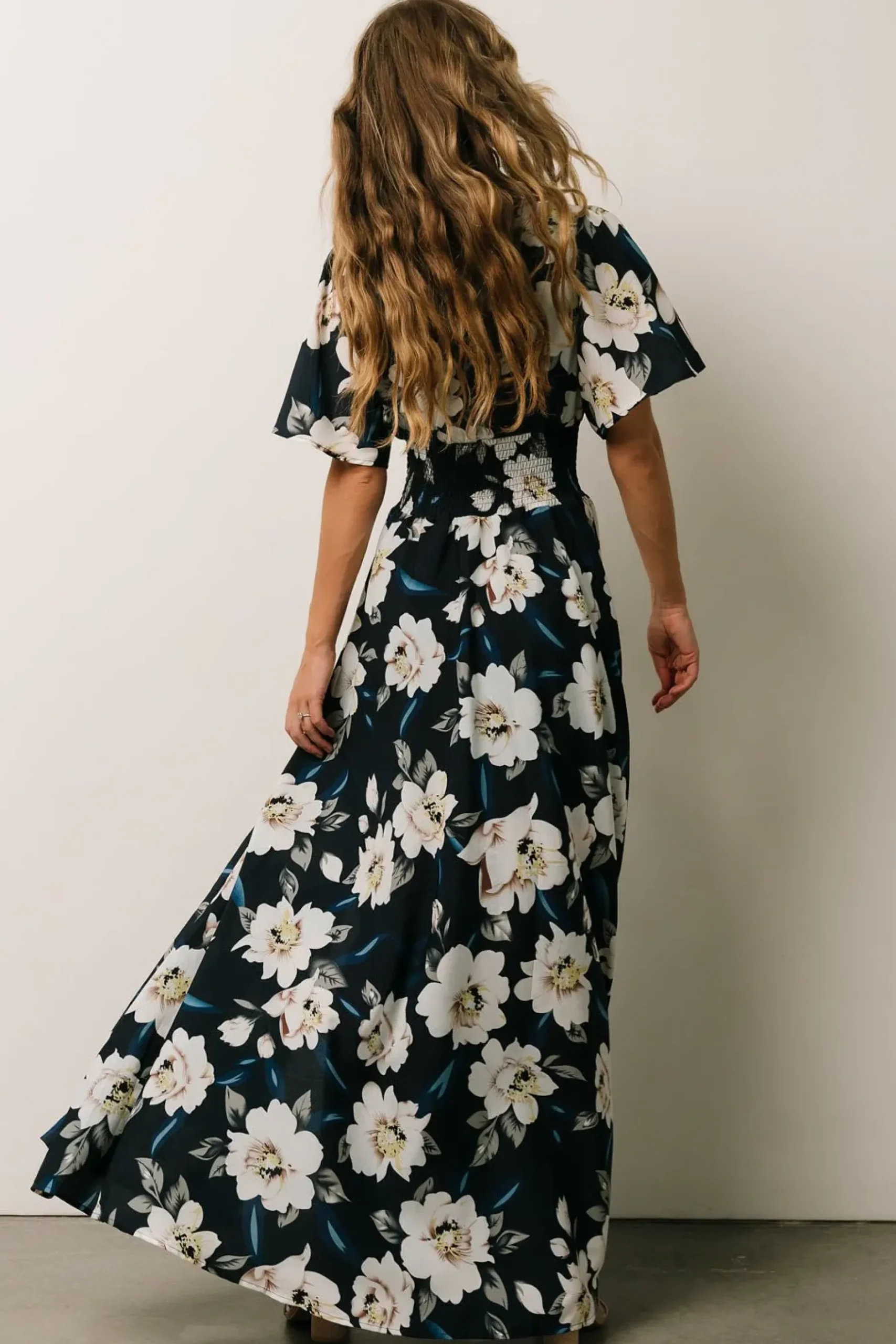 Baltic Born WINTER ESSENTIALS|Verona Smocked Maxi Dress | Navy + White Floral