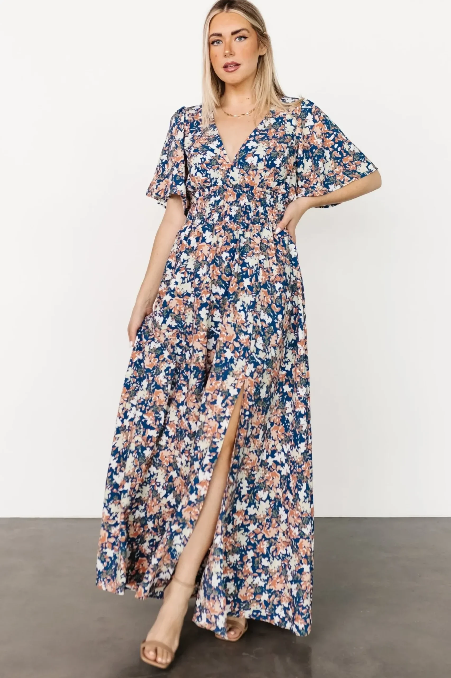 Baltic Born WINTER ESSENTIALS|Verona Smocked Maxi Dress | Blue Floral