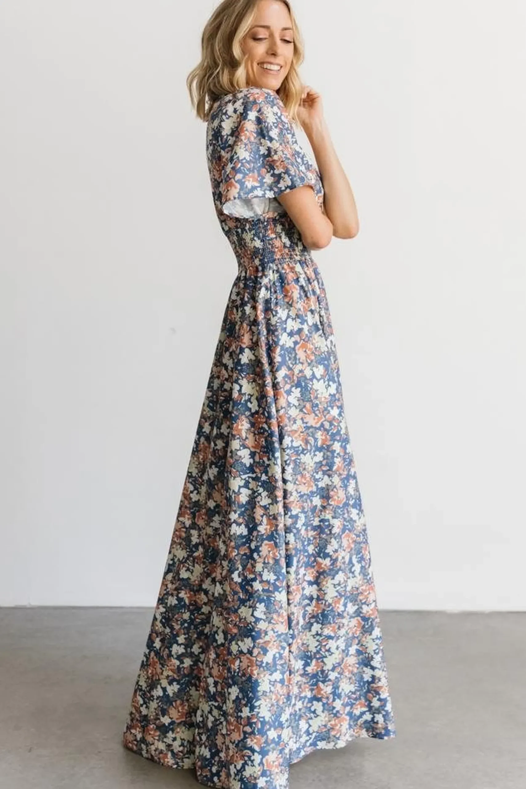 Baltic Born WINTER ESSENTIALS|Verona Smocked Maxi Dress | Blue Floral