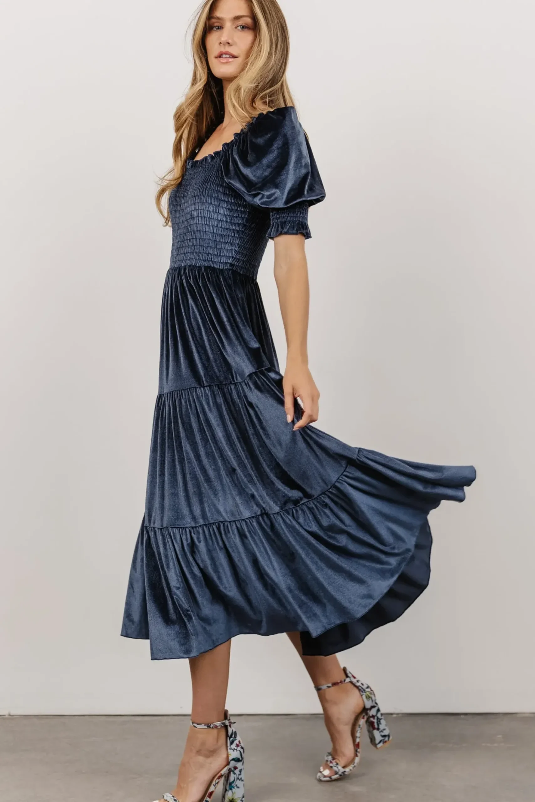 Baltic Born midi dresses|WEDDING SUITE|Vivaldi Smocked Velvet Midi Dress | Blue