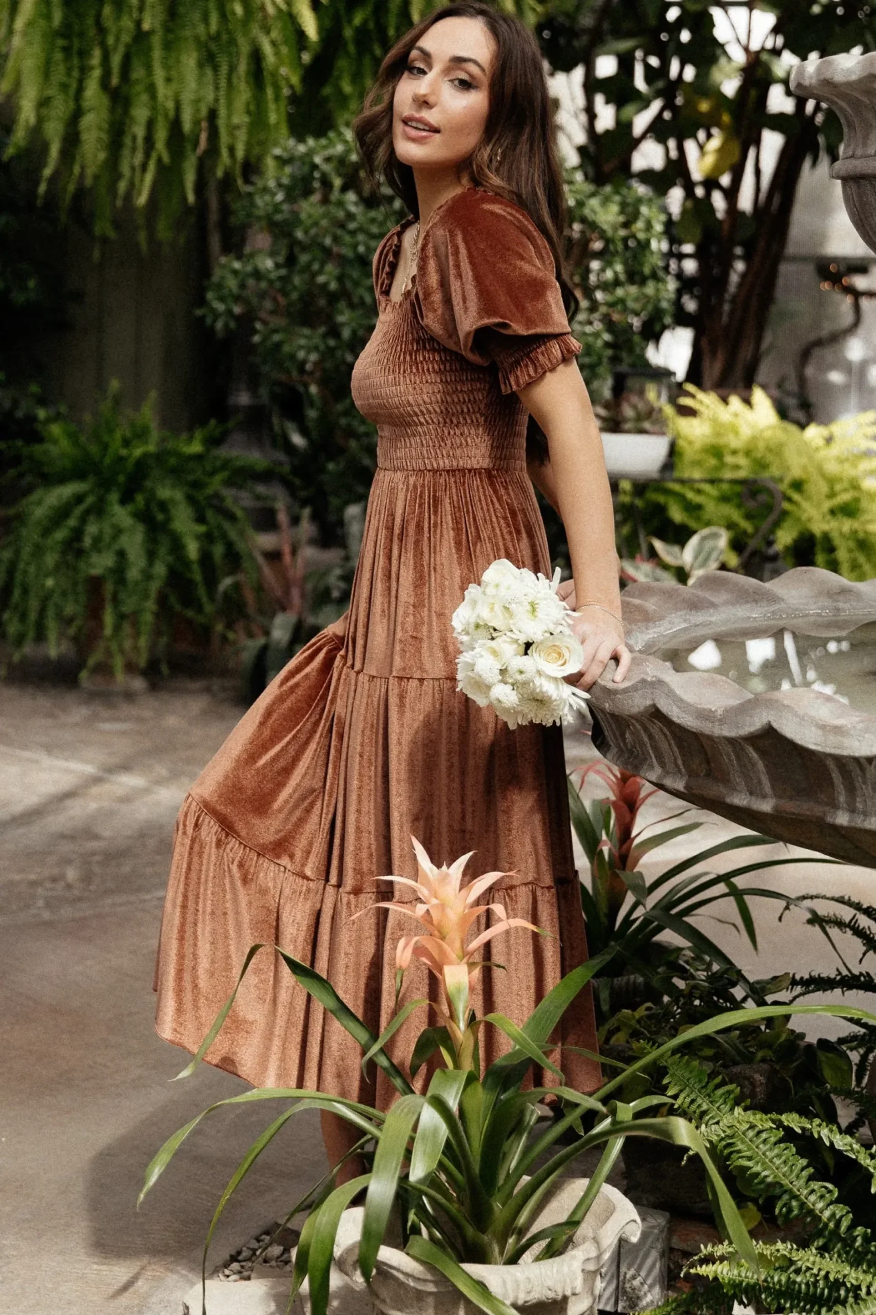 Baltic Born midi dresses|WEDDING SUITE|Vivaldi Smocked Velvet Midi Dress | Bronze