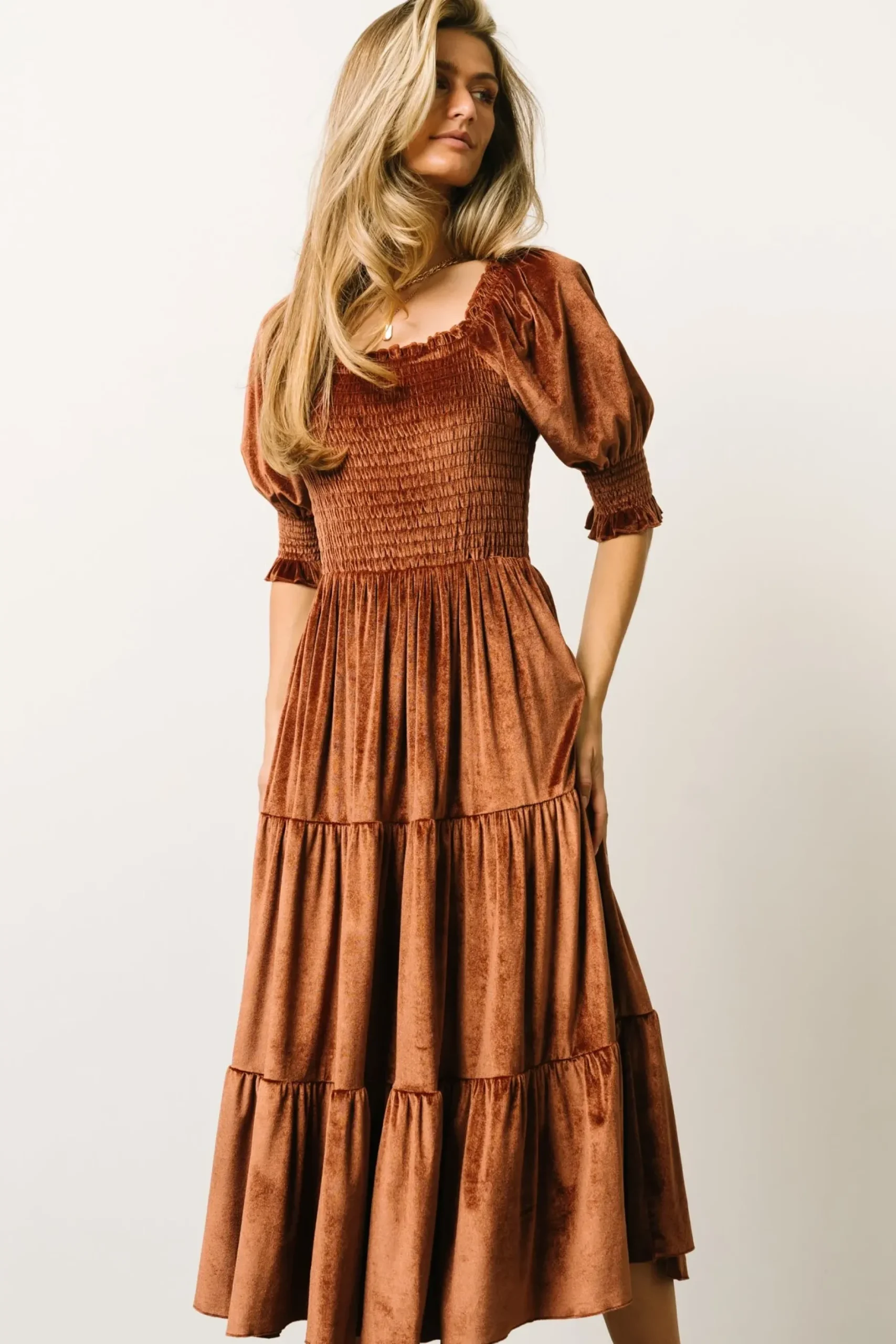 Baltic Born midi dresses|WEDDING SUITE|Vivaldi Smocked Velvet Midi Dress | Bronze