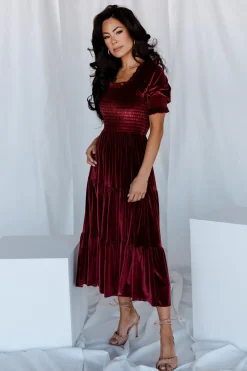 Baltic Born midi dresses|WEDDING SUITE|Vivaldi Smocked Velvet Midi Dress | Marsala