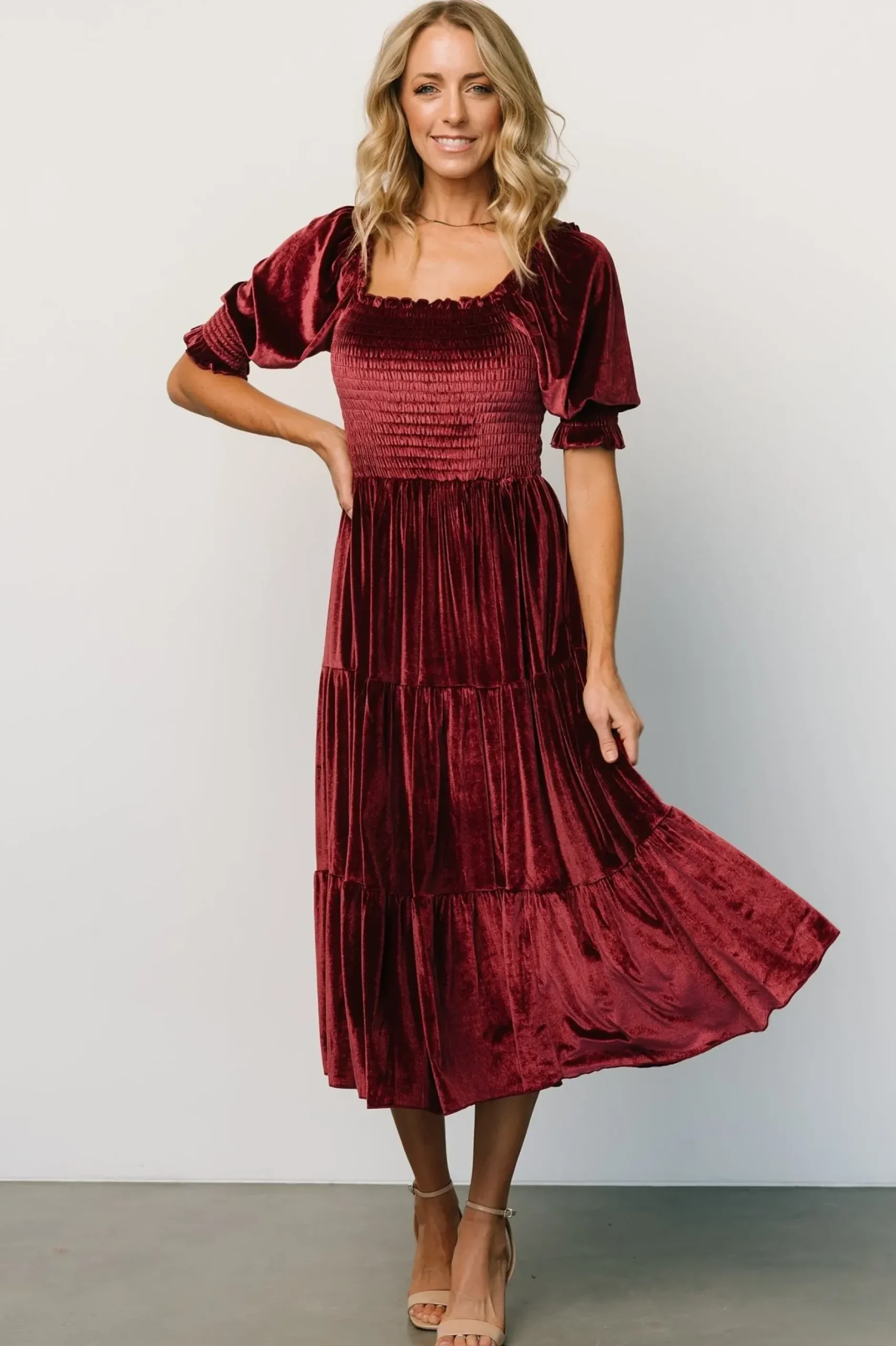 Baltic Born midi dresses|WEDDING SUITE|Vivaldi Smocked Velvet Midi Dress | Marsala