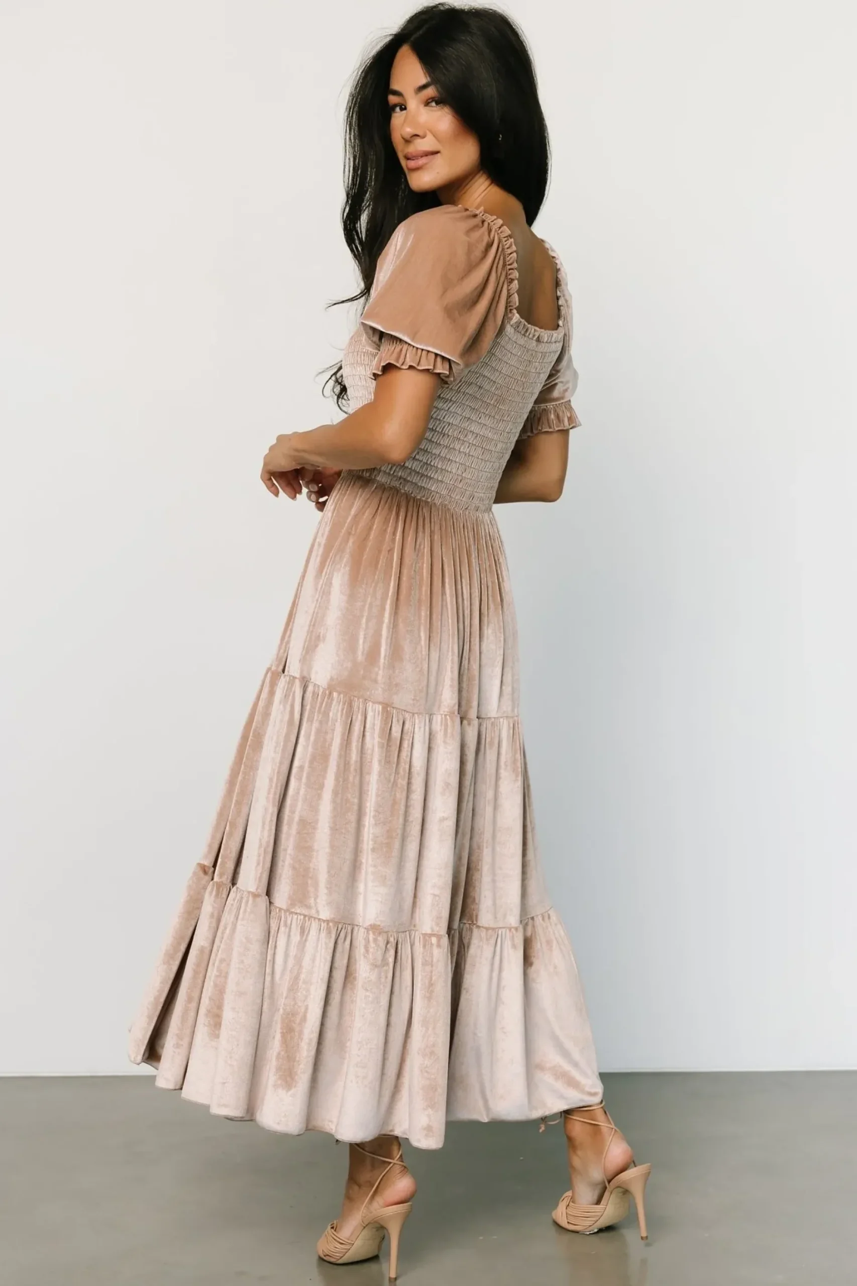 Baltic Born midi dresses|WEDDING SUITE|Vivaldi Smocked Velvet Midi Dress | Champagne