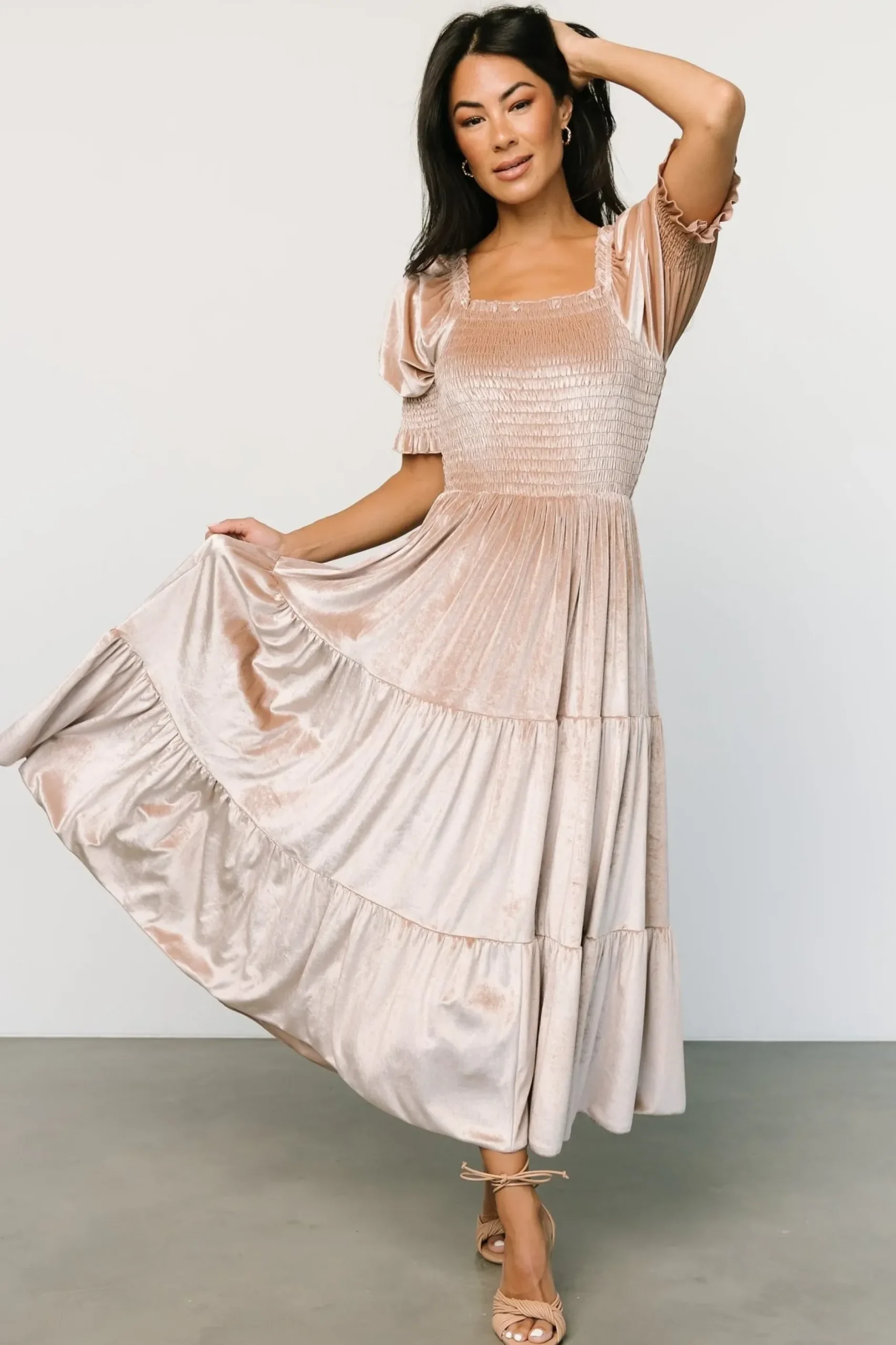 Baltic Born midi dresses|WEDDING SUITE|Vivaldi Smocked Velvet Midi Dress | Champagne