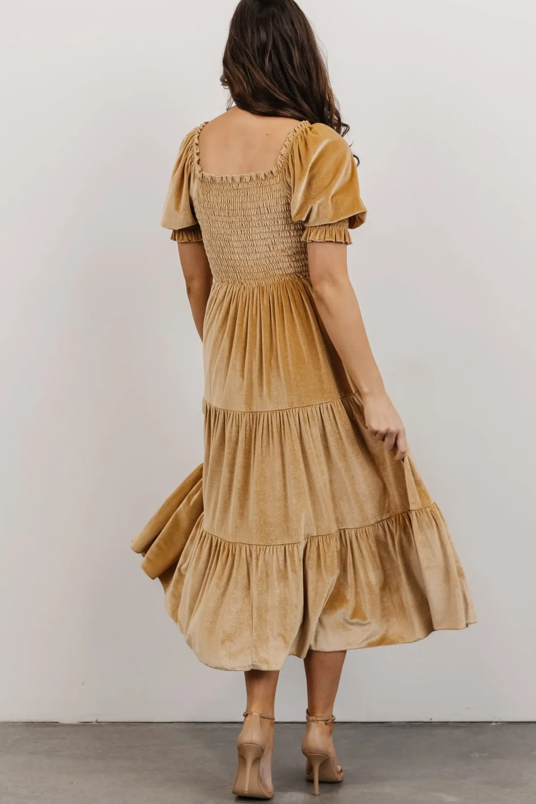 Baltic Born midi dresses|WEDDING SUITE|Vivaldi Smocked Velvet Midi Dress | French Gold